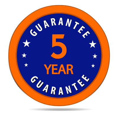 A blue and orange five year guarantee seal.